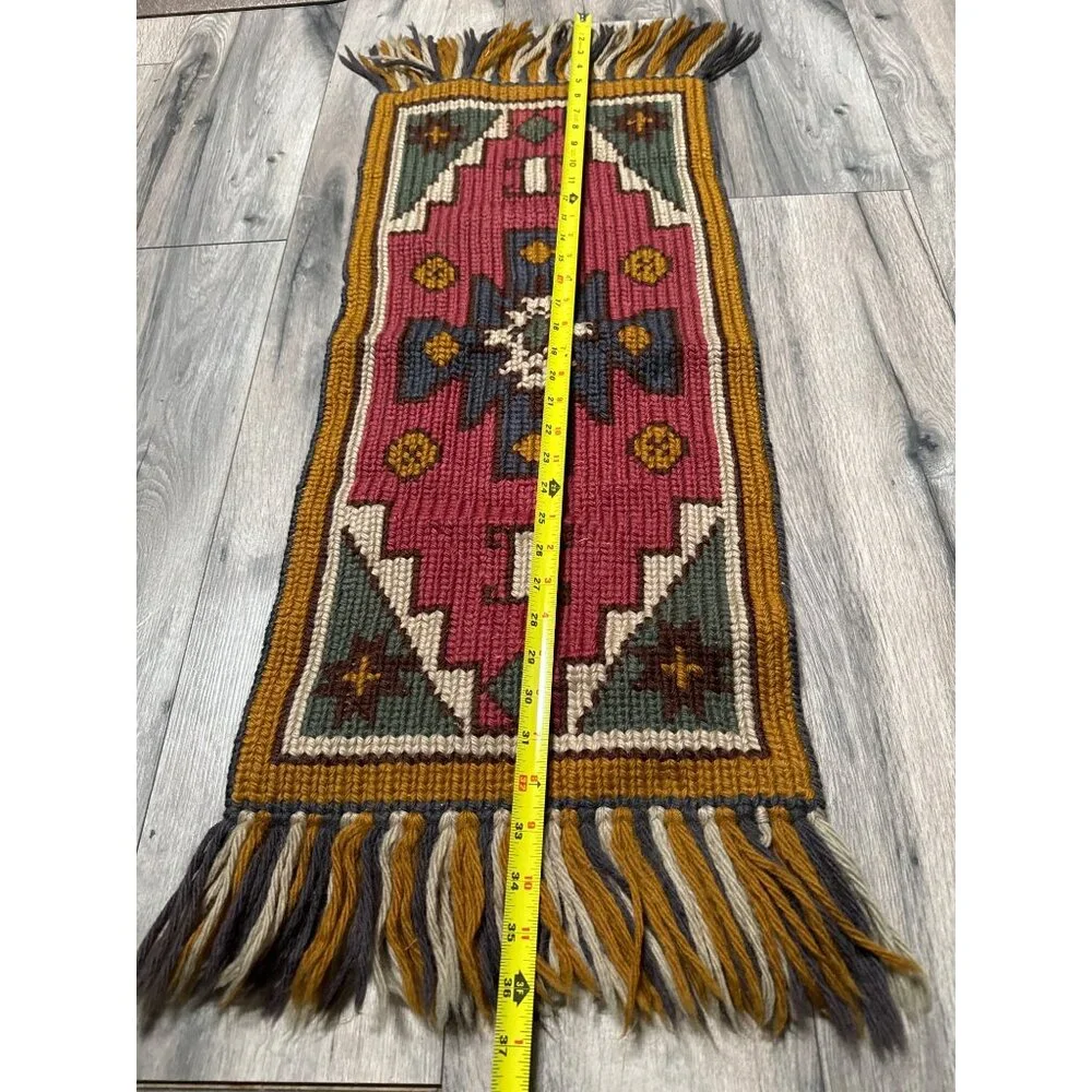 Handwoven Bohemian Runner Rug With Geometric Patterns & Tassels Red Gold Gray